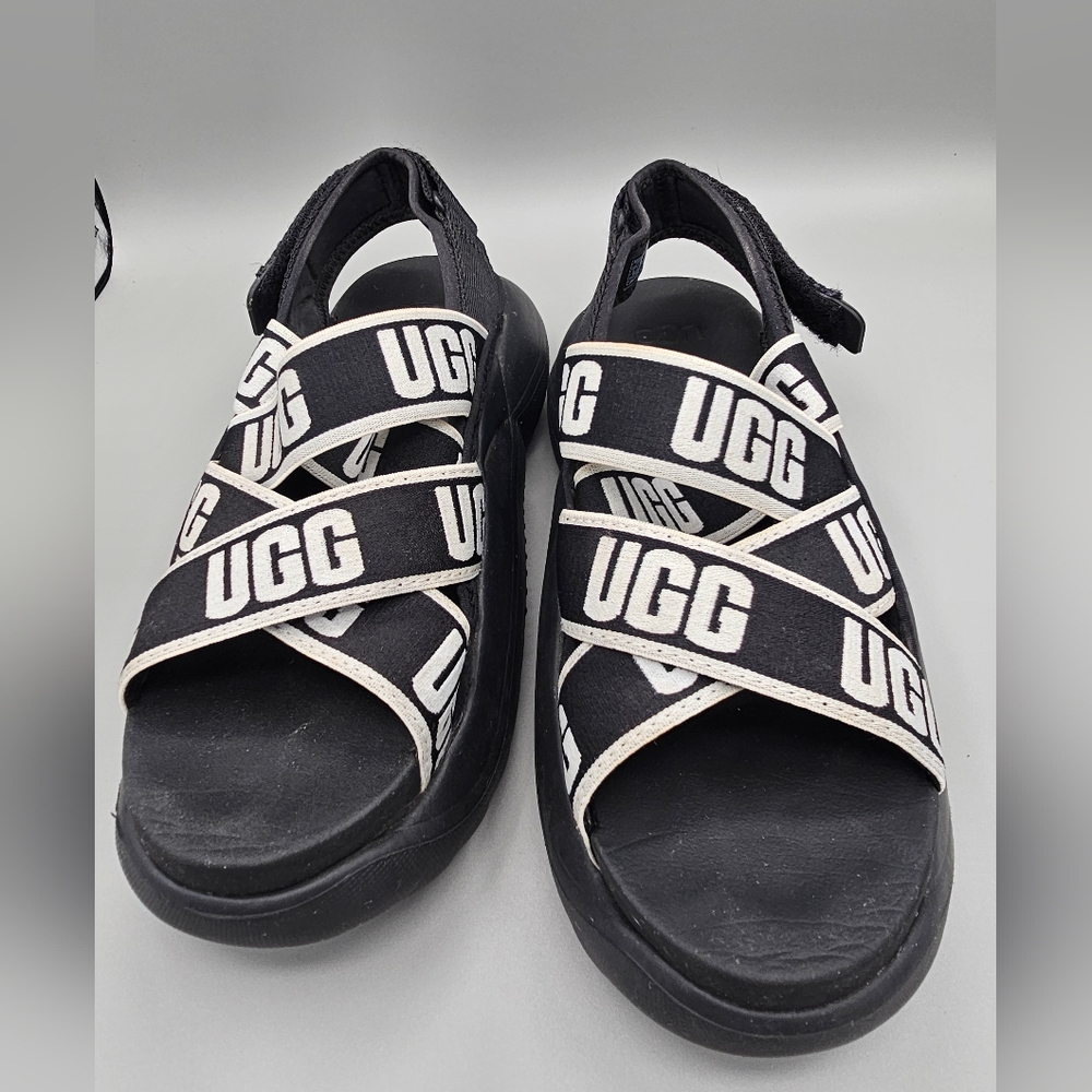 Ugg LA Cloud Platform Foam Comfort Strap Sandal Black Logo Spell Out Ladies Sz 6 - Picture 2 of 7